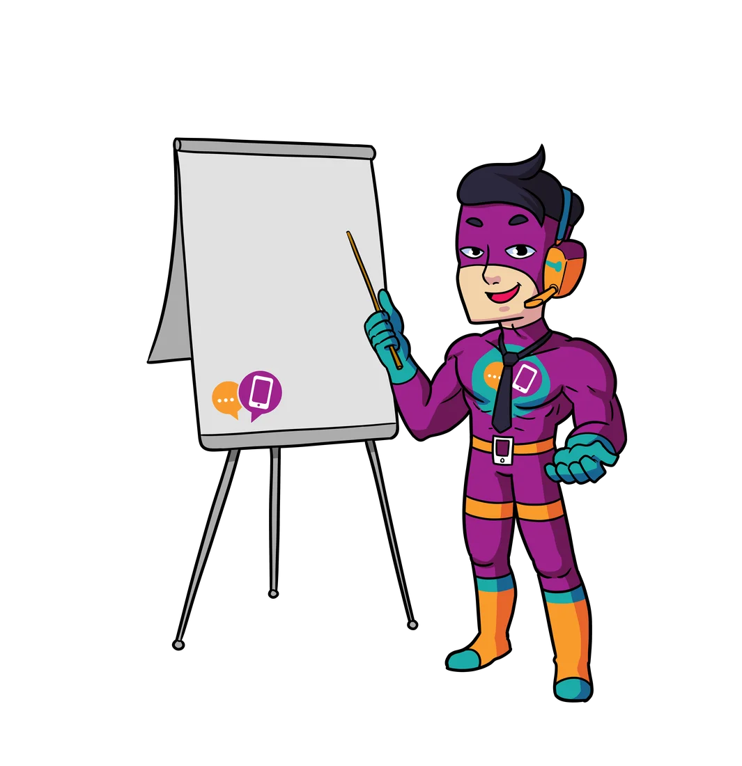 hey contact heroes Held erklärt KI-Strategie am Flipchart